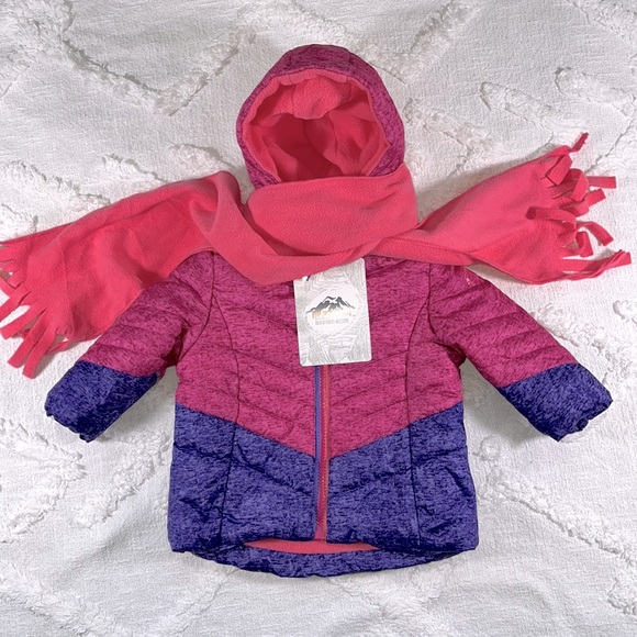 NWT Pacific Trail Hooded Puffer Winter Jacket Scarf Set Size 12 M Pink & Purple - Picture 1 of 13